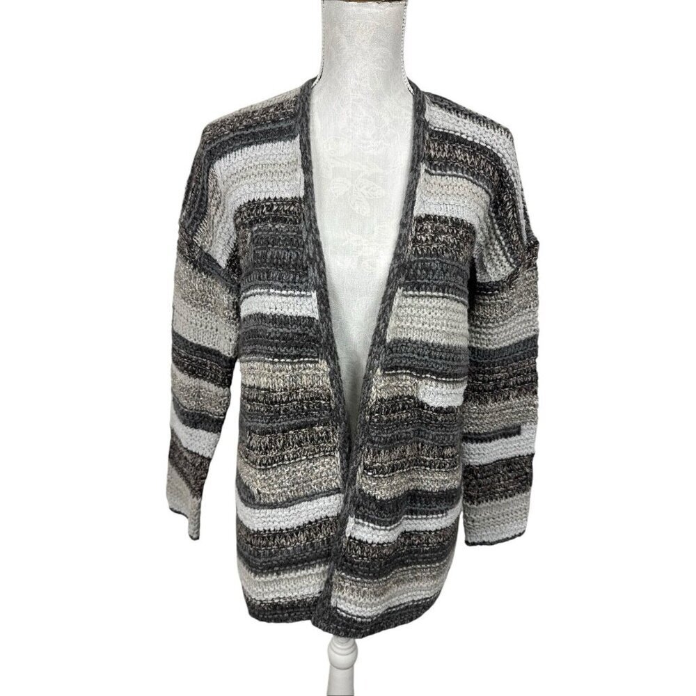 J Jill‎ Women's XS Chunky Knit Longline Open Cardigan Gray Beige Stripe